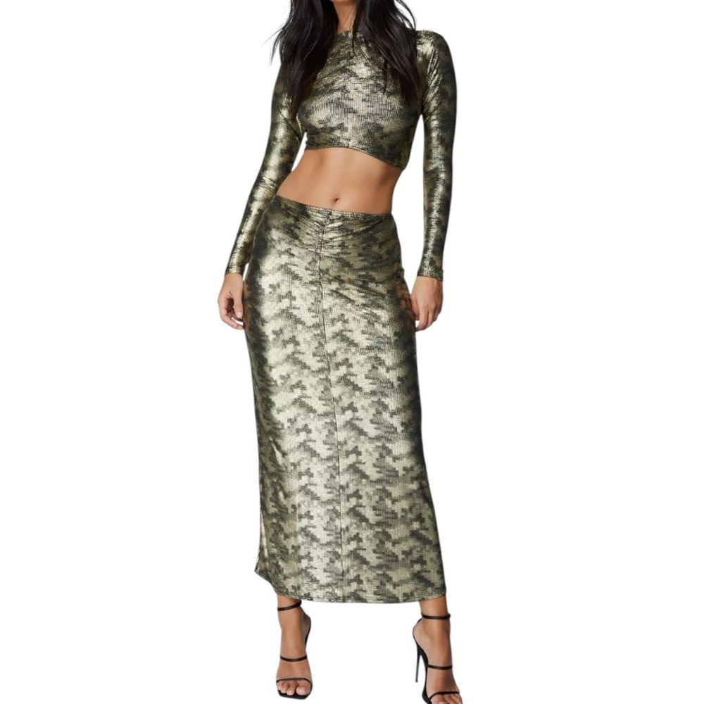 NWT SET - Nasty Gal Metallic Crinkle Foil Twist Maxi Skirt & Foil High Neck Top